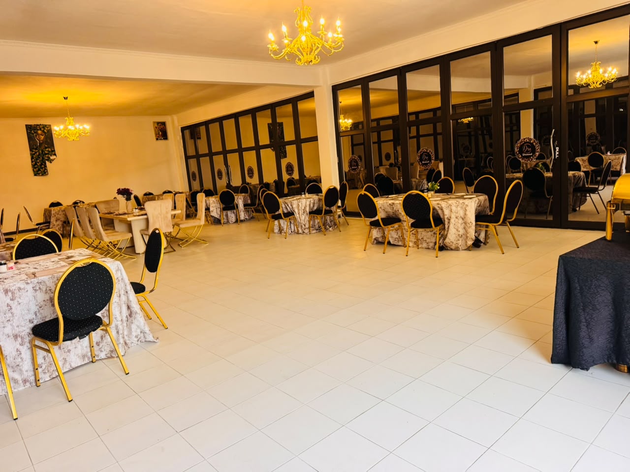 DreamWoods restaurant with gold chandeliers in Masvingo